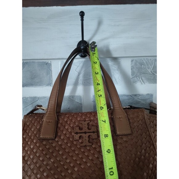 TORY BURCH THEA Tobacco Brown WOVEN Leather Center Zip Handbag READ - Picture 8 of 16
